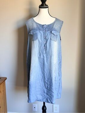 Light Blue Denim Tence Sleeveless Shift Dress with Sequin Detail